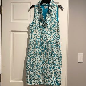 Sleeveless Blue and White High Collar Dress